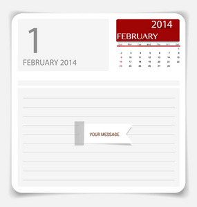简单的 2014年日历，2 月。矢量插画