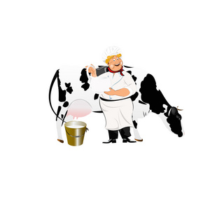 一壶牛奶和 cow.vector 快乐送奶工