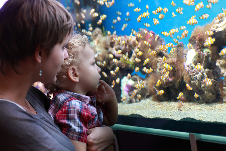 母亲与孩子在水族馆