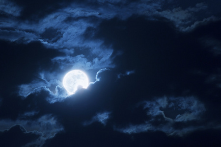 戏剧性的夜间云层和美丽蓝色满月之夜的天空