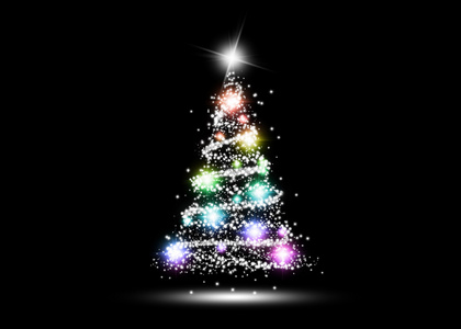 七彩发光圣诞树上黑色背景图片