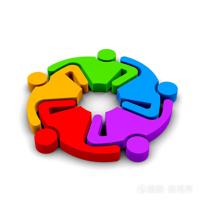 团队精神拥抱小组5人3d彩色插图