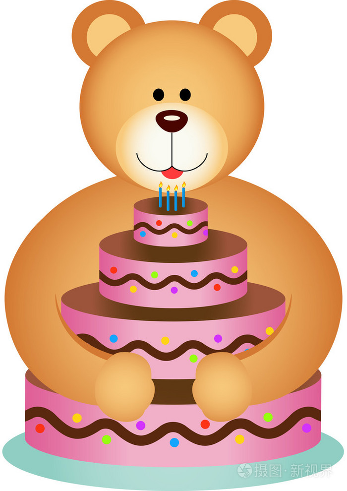 泰迪熊抱着生日蛋糕