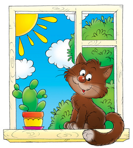 可爱棕色房子猫坐在一个窗口中的仙人掌卡通场面与王子或旅行者外面看