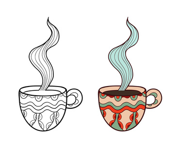 两个向量的一组涂鸦咖啡纸杯, 大纲和柔和的淡色照片