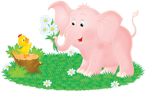 粉红色大象给宝贝小鸡的雏菊花