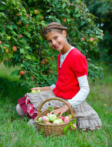 可爱的女孩在苹果园