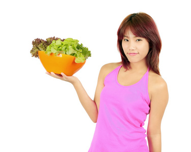 孤立年轻亚裔女子与 ca 碗的各种蔬菜