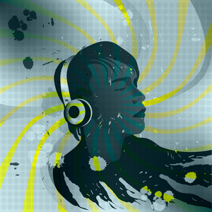 年轻人用耳机听听音乐, cd rom,音乐海报封面照片