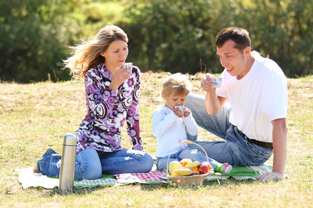 年轻的家庭，在自然中去野餐