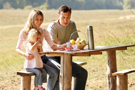 年轻的家庭，在自然中去野餐