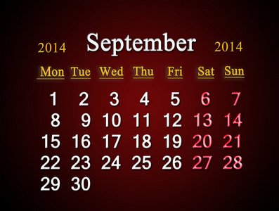 2014 年 9 月的日历