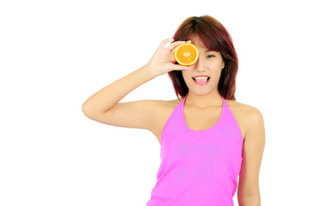 孤立年轻亚裔女子与橙的片断