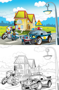 警察的车。卡通风格艺术色彩页