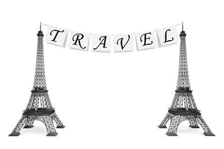 法国旅游概念。旅游标志与铁塔囚徒的绳子