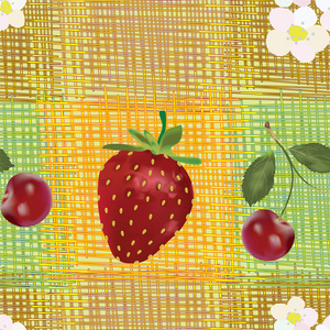 与带区卷的 grunge 被子多彩背景上 strawberry.cherry,flowers 无缝模式
