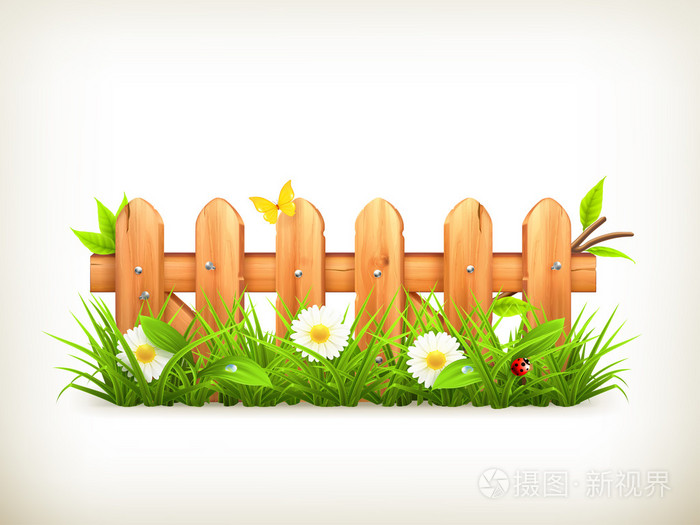 春天草和木栅栏矢量