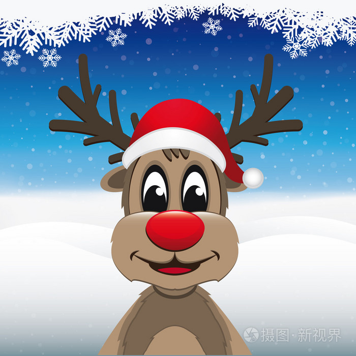 红鼻子驯鹿圣诞老人帽子冬季景观