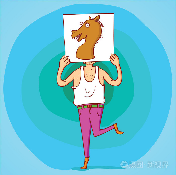 一个人用马头画遮住他的脸