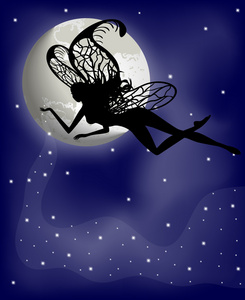 剪影童话女孩与月亮背景上