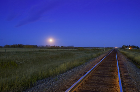 火车铁轨在日落时分在大草原