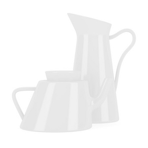 陶瓷水罐和孤立在白色背景上的茶壶