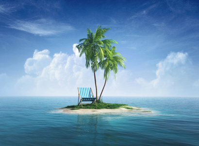 沙漠热带岛屿与棕榈树 躺椅