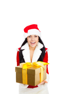 持有的礼物的圣诞老人条服装的女人