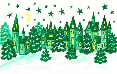 冬季风景与房子在绿松石的颜色