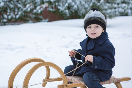 可爱的小男孩上古代雪橇冬季天