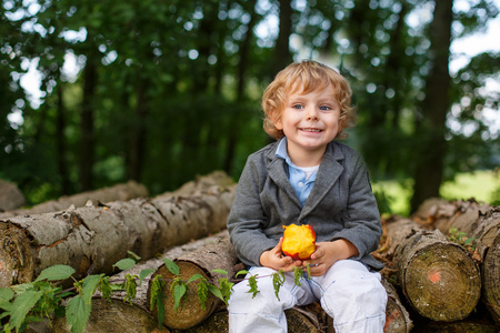 在夏季森林小蹒跚学步的孩子吃苹果