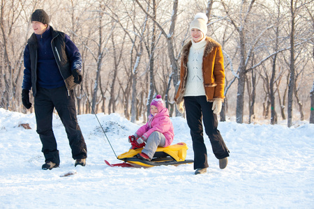 家庭在冬季公园散步