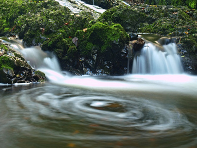 模糊的水瀑布装满了水。多彩的树叶从槭树和铺设在潮湿的苔藓玄武岩岩石上的野樱桃