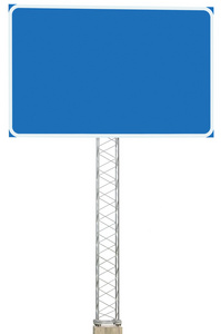 高速公路路交界处驾驶方向信息符号面板招牌，大型孤立空白空蓝副本空间路边交通标志杆柱 钢筋的路标 混凝土底座 螺栓
