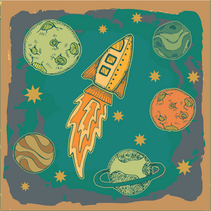 火箭和外层空间中的行星，科幻小说动漫幼稚图