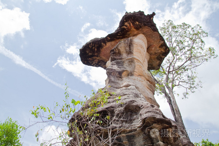 蘑菇石和蔚蓝的天空天然石头作为蘑菇在ph值