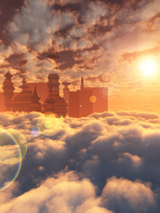 sci fi 城市云与太阳的鸟瞰图