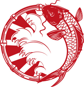 鼠年财神幸运锦鲤红色喜庆插画日本国旗背景上的日本民族和传统符号