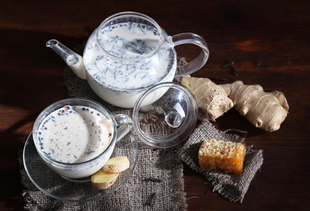 茶壶与杯茶与牛奶和香料麻布的木制桌上