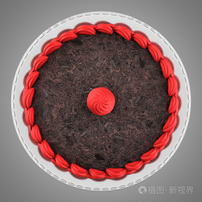 圆形巧克力蛋糕与粉红奶油上孤立gra顶视图