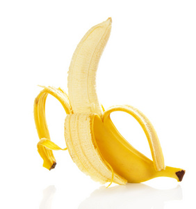 女手保存香蕉由一条尾巴，孤立在白色