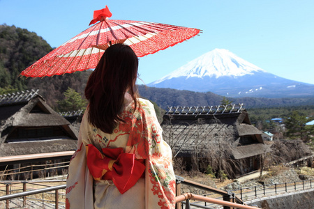 在背景中，传统红伞与富士的日本和服女人