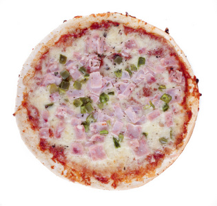 孤立在白色背景上的火腿披萨。顶视图