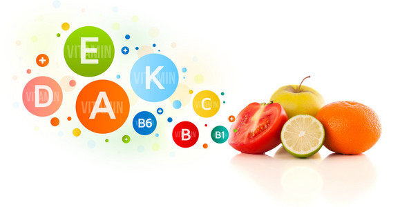 健康水果与多彩维生素符号和图标