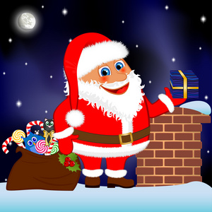 klasus 圣诞老人与一袋礼品在屋顶上