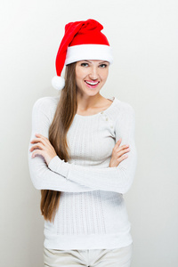圣诞圣诞老人帽子女肖像微笑快乐的女孩