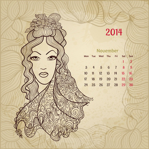 艺术的老式日历为 2014 年 11 月。女性美斯里