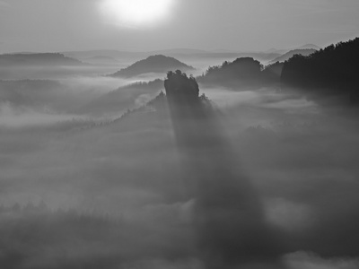 视图到深雾谷撒克逊人在瑞士。从雾背景增加砂岩峰林。黑色和白色图片