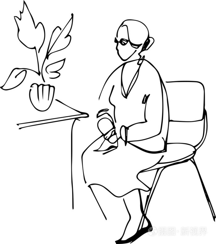 奶奶坐在桌子旁的椅子上插画-正版商用图片1dbwgv-摄图新视界