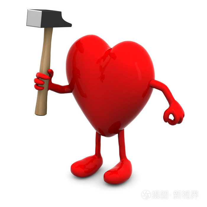 红色的心与胳膊和腿和手上的锤子